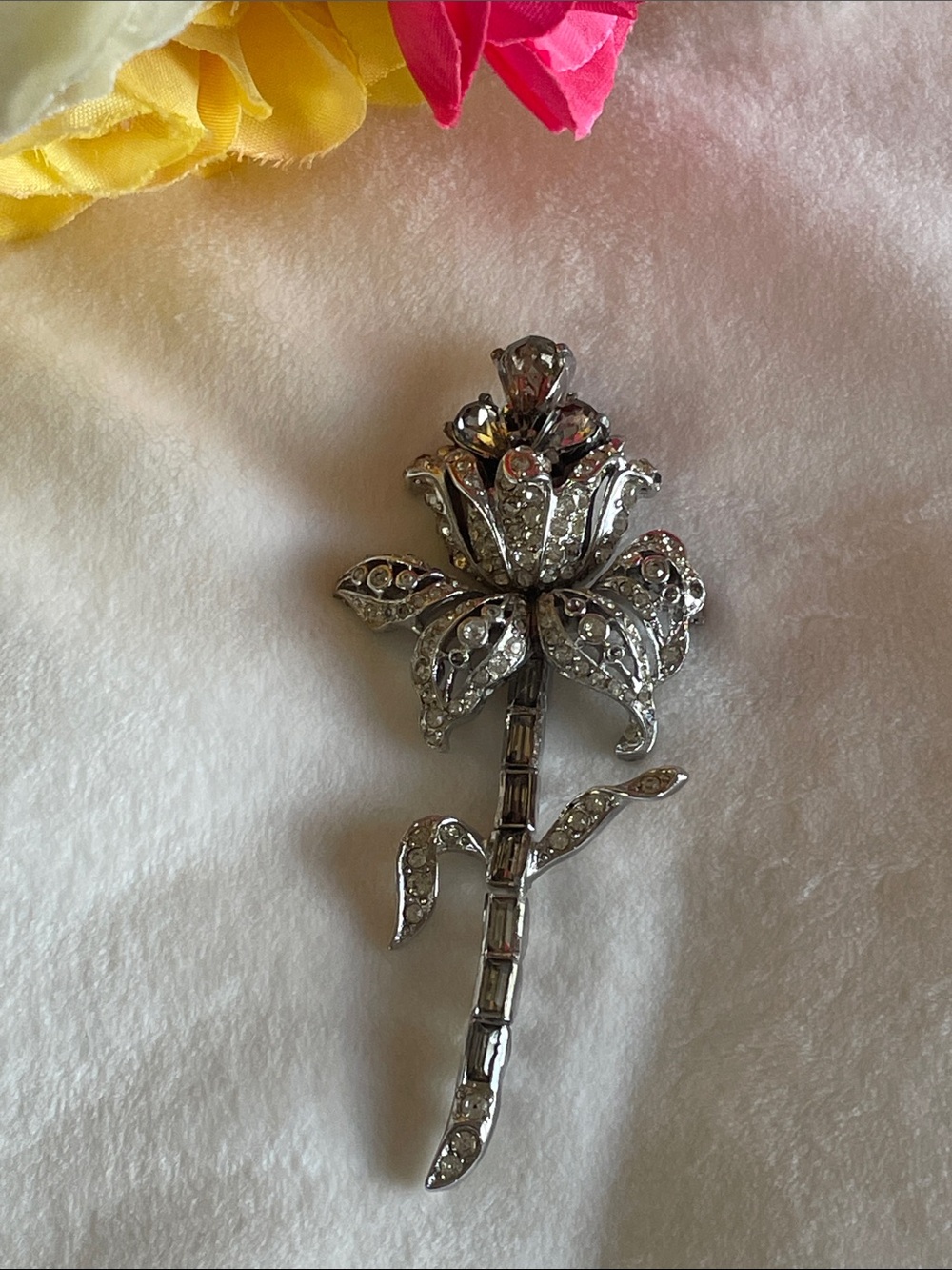 Vintage 1940’s Coro Craft Rhinestone Flower Brooch Silver-tone Floral Pin